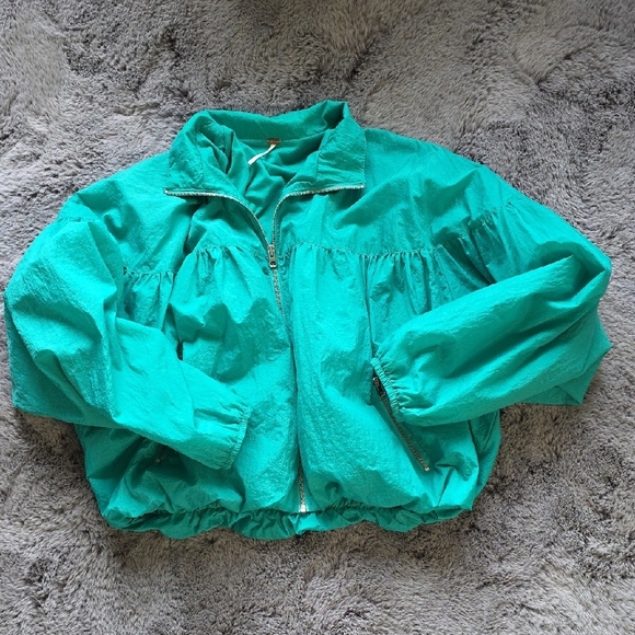 FP Oversized Teal Zip-Up Bomber Lined Windbreaker Jacket Size Small - Picture 3 of 13